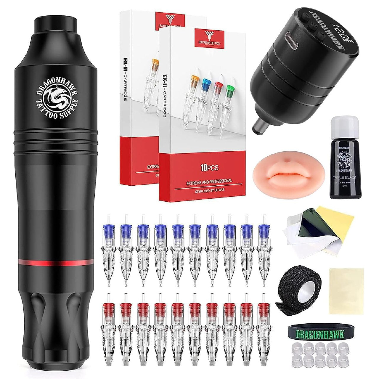 Dragonhawk Wireless Cartridge Tattoo Machine Kit Pen Rotary Tattoo Machine Open Box