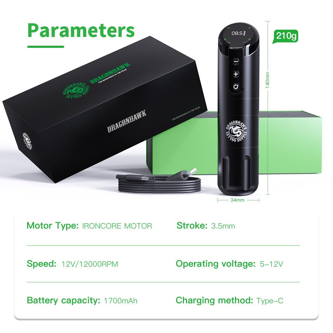 Dragonhawk Practice Tattoo Kit Wireless X2 Tattoo Pen Machine Gun Kit Beginners