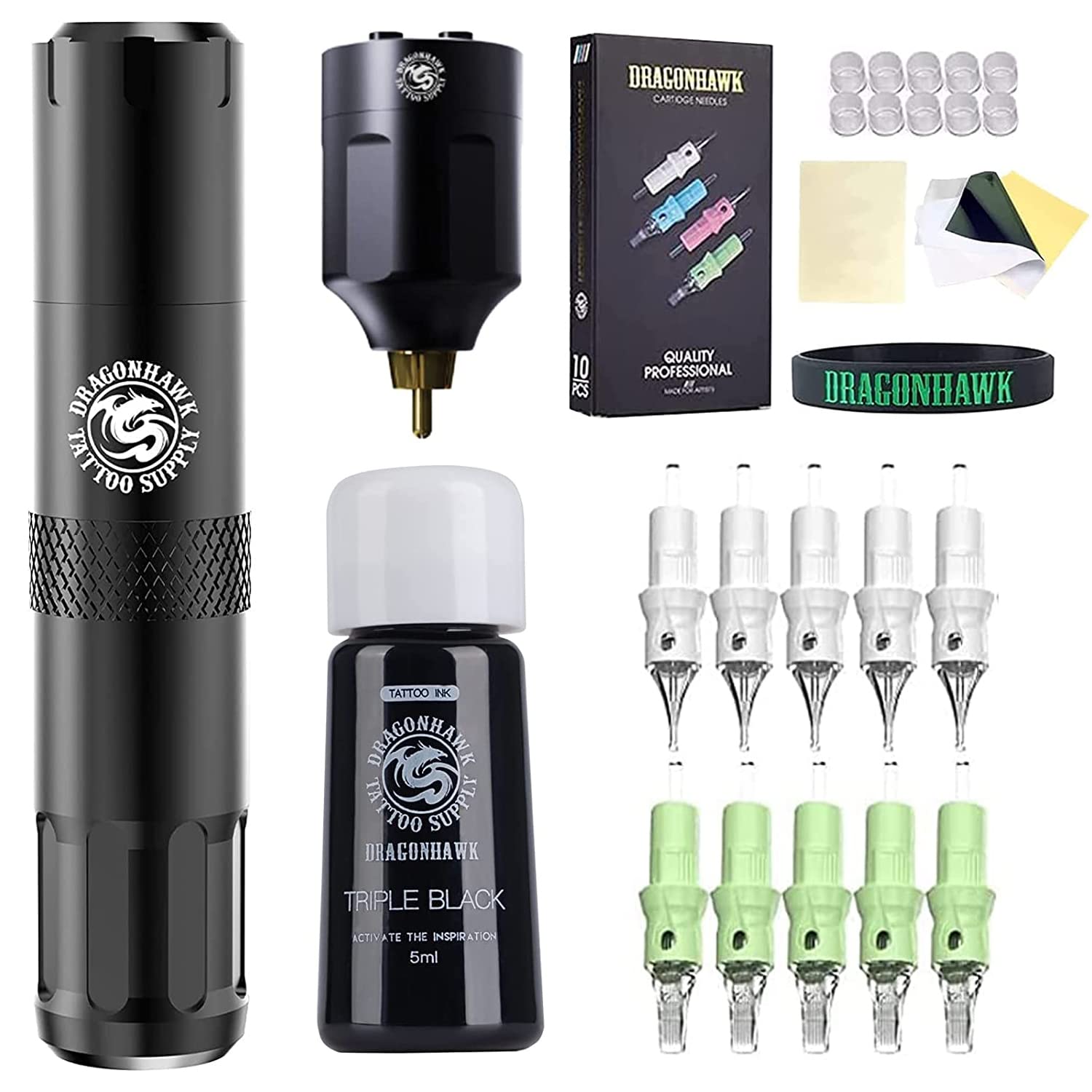 Dragonhawk S6 Tattoo Pen Kit Rotary Tattoo Machine Mcore-C1 Tattoo Cartridges Open Box