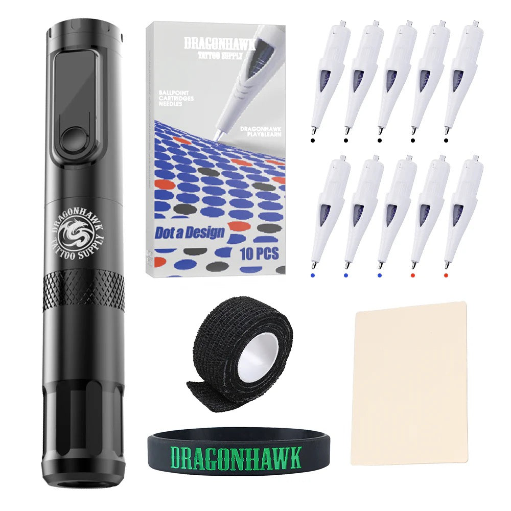 X4 Wireless Tattoo Pen Machine Gun Kit with Ballpoint Cartridges Needles for Practice & Dotwork