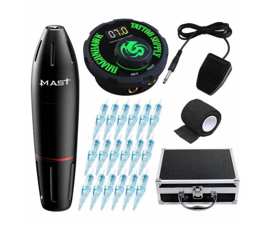 Mast Pen Rotary Tattoo Machine Power Supply Needles Foot Pedal Case Open Box