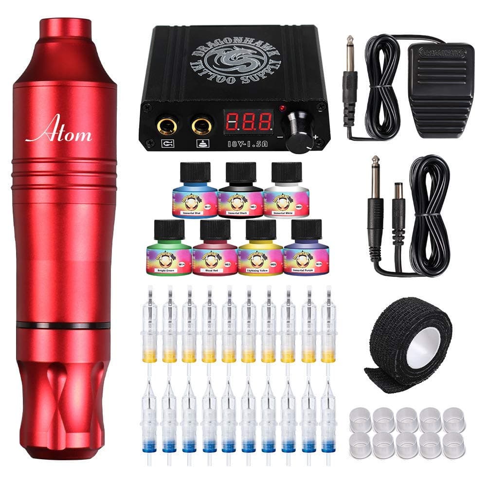 Dragonhawk Atom Tattoo Machine Cartridge Needles Power Supply Kit Open Box