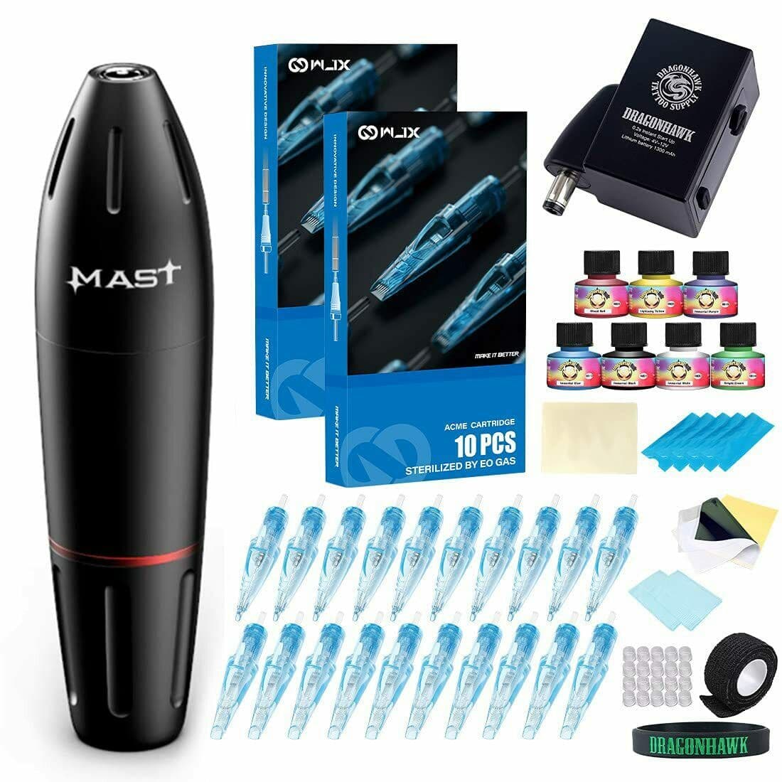 Dragonhawk Mast Wireless Rotary Tattoo Pen Machine Kit B1 Power Supply Needles open box