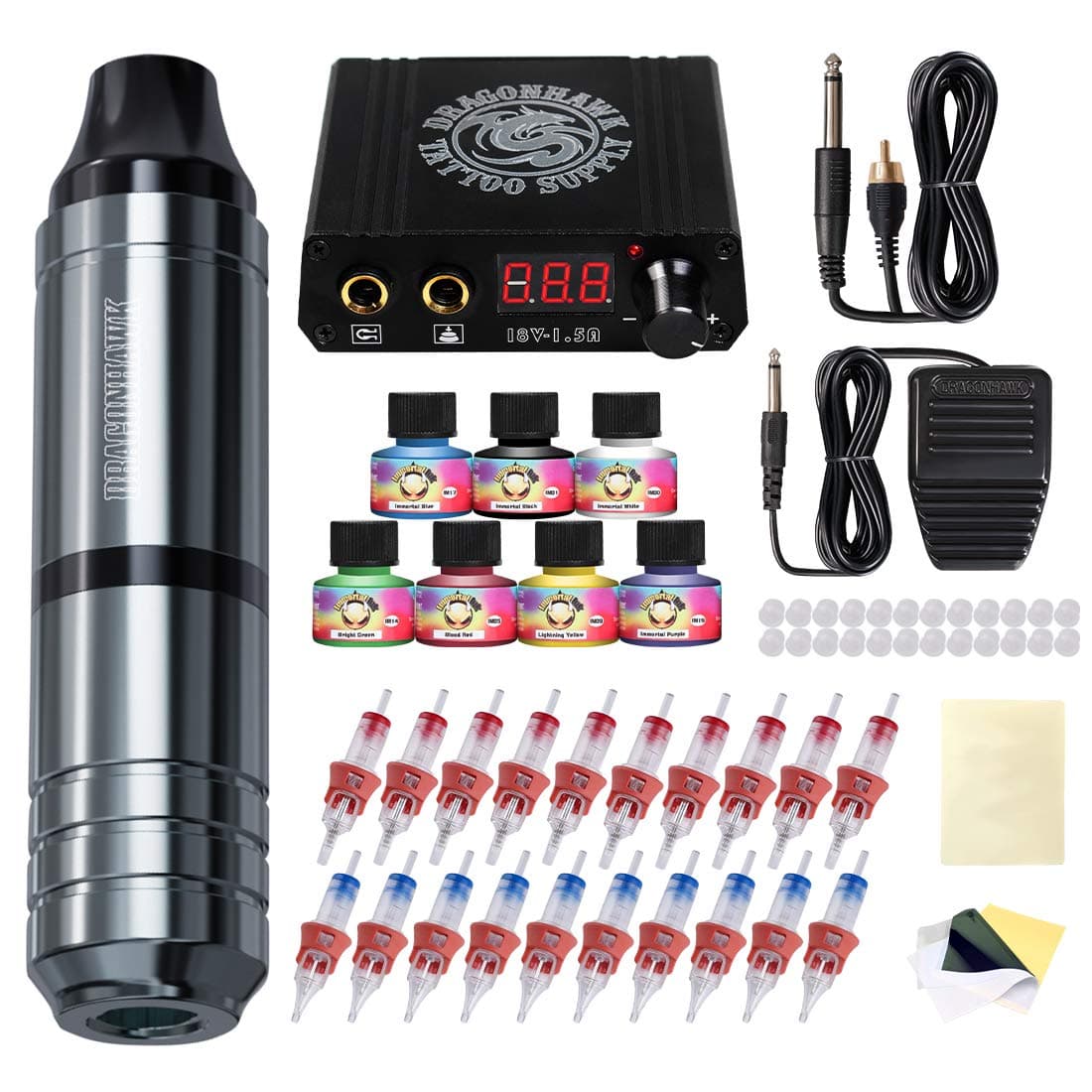 Dragonhawk Rotary Tattoo Machine Kit MG3 Pen Needles Power Supply Inks Open Box