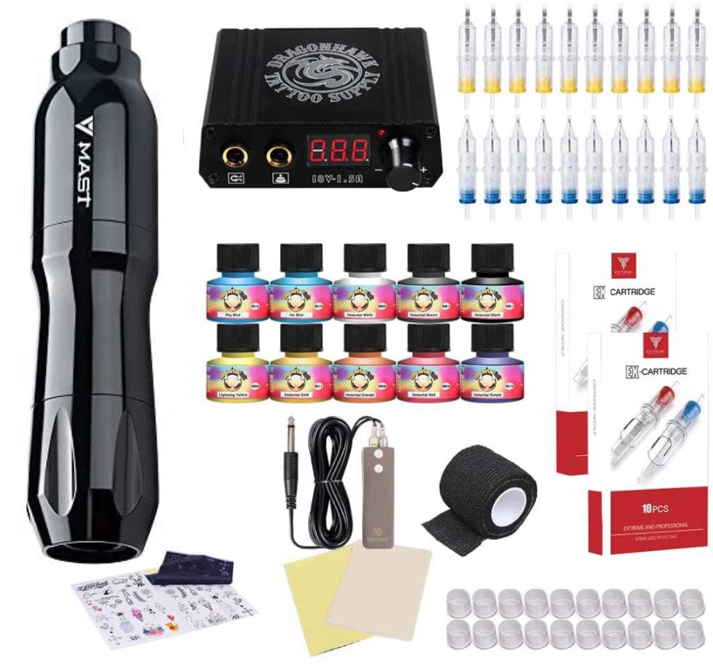 Mast Dawn Rotary Tattoo Pen Machine Kit Needles Airfoil Power Supply Inks Open Box