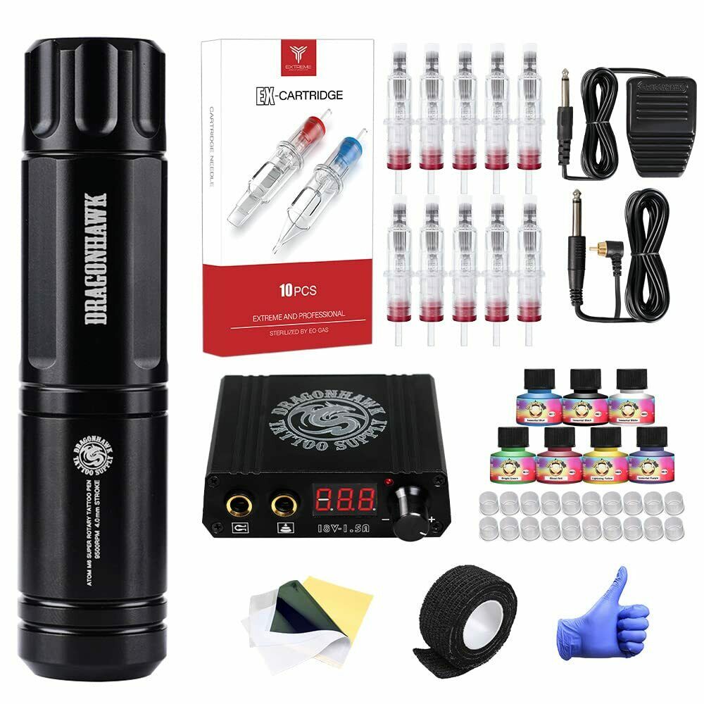Dragonhawk Pro Tattoo Pen Atom M6 Kit Tattoo Needles Power Supply Set