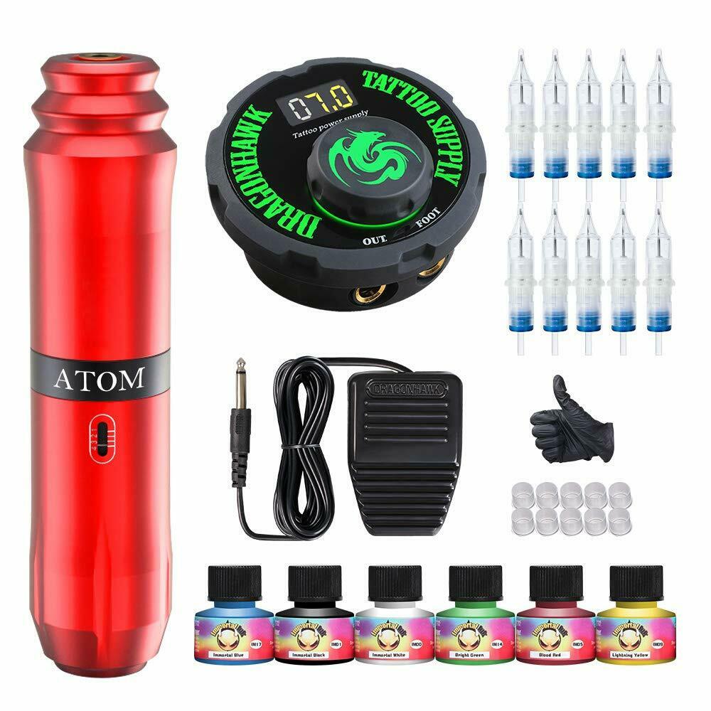 Dragonhawk Tattoo Machine Kit Atom M1 Pen Power Supply Needles