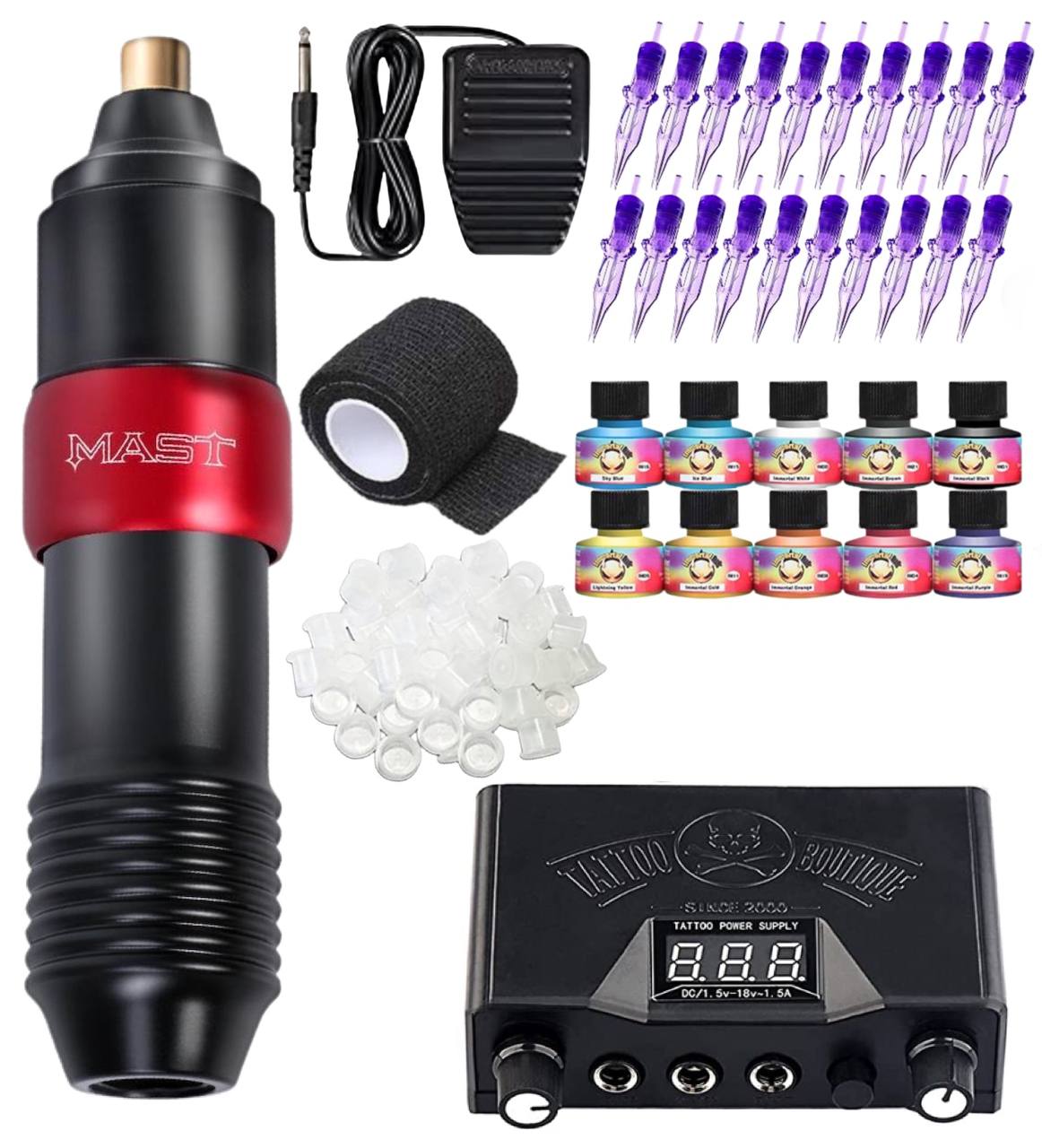 Mast Sai Rotary Tattoo Pen Machine Kit Power Supply Ink Needles Pedal