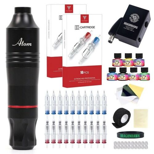 Dragonhawk Atom Tattoo Machine Pen Needles Power Supply Kit Open Box