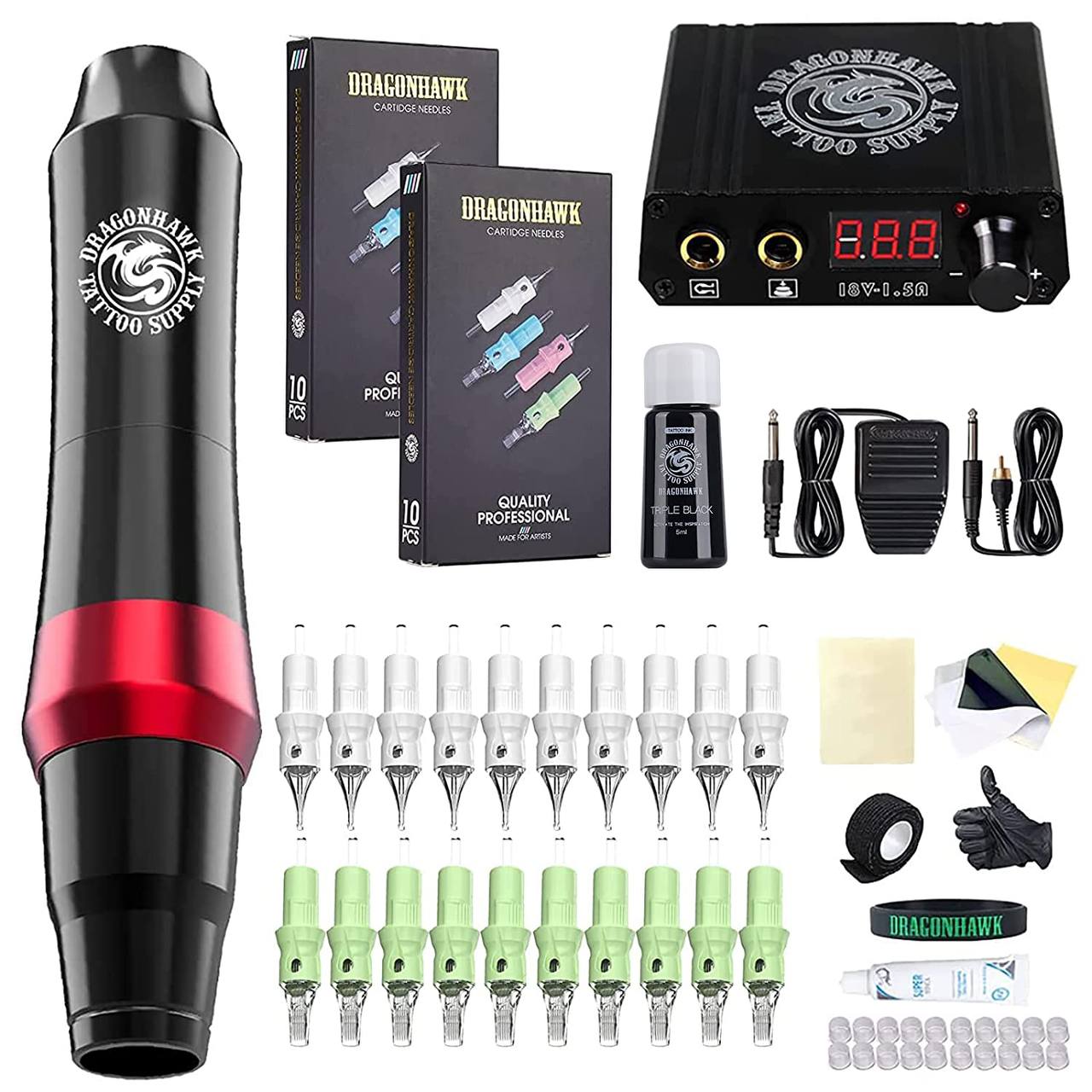 Dragonhawk S4 Tattoo Pen Machine Kit 20Pcs Needles Power Supply