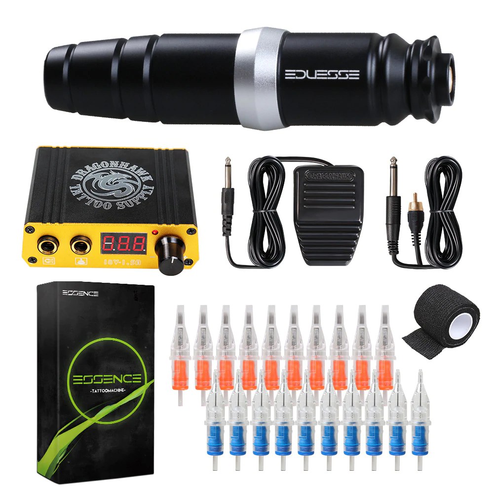 DragonHawk Rotary Tattoo Machine Kit Essence Pen 20Pcs Needles Power Supply Open Box