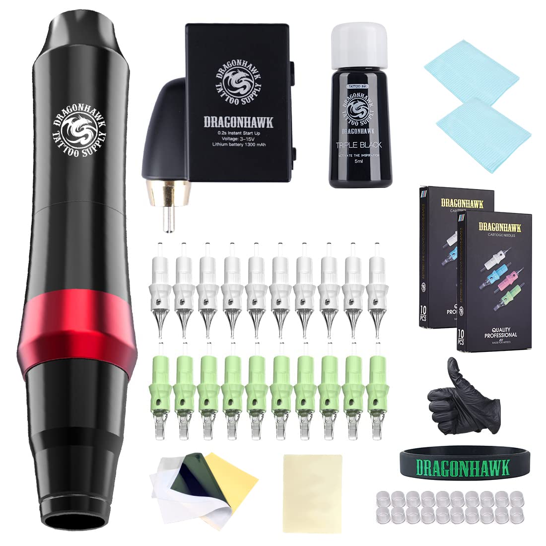 Dragonhawk Tattoo Pen Kit Rotary Machine Wireless Battery 20Pcs Needles Inks
