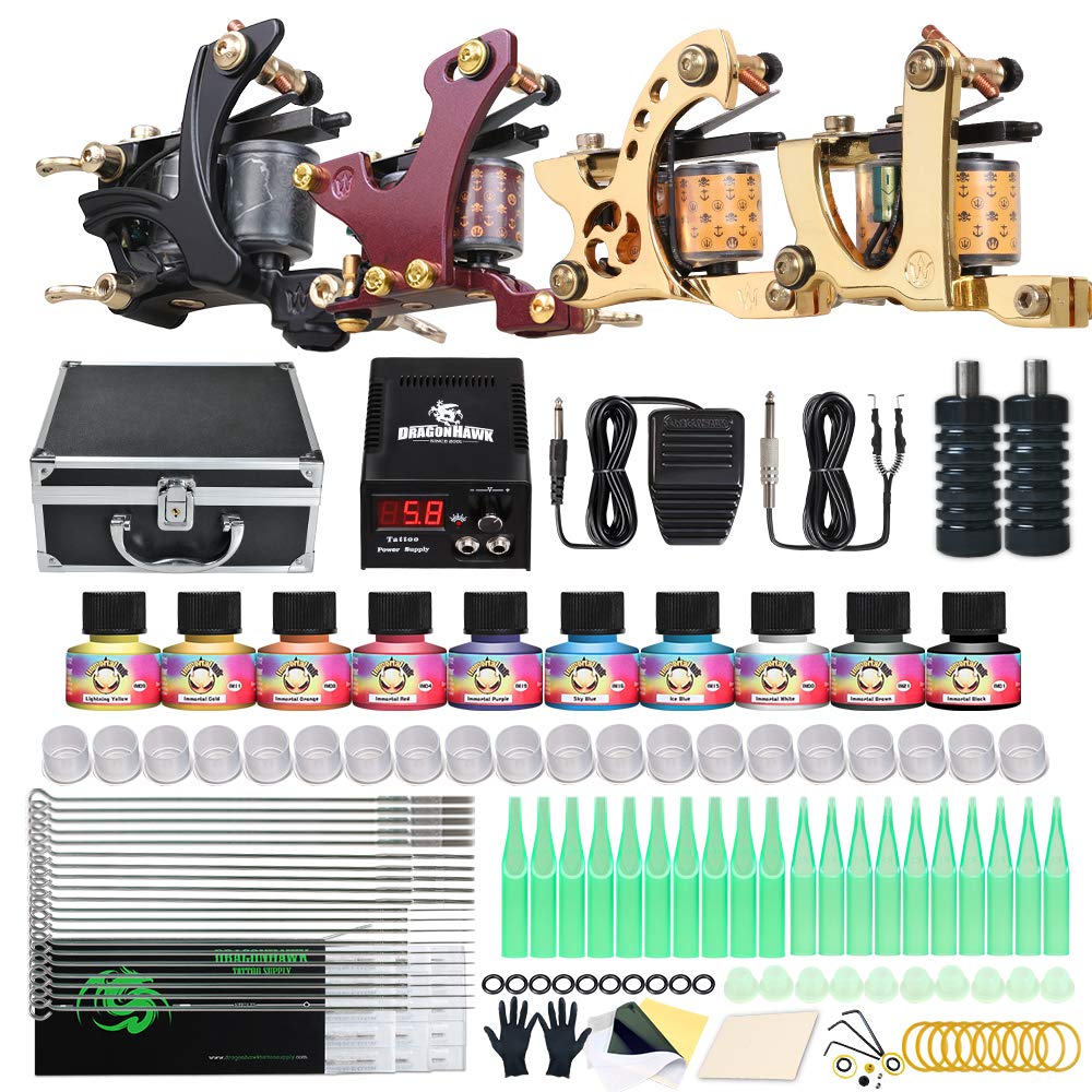 Dragonhawk Kit 4Pcs Coils Tattoo Machines Needles Power Supply with Case