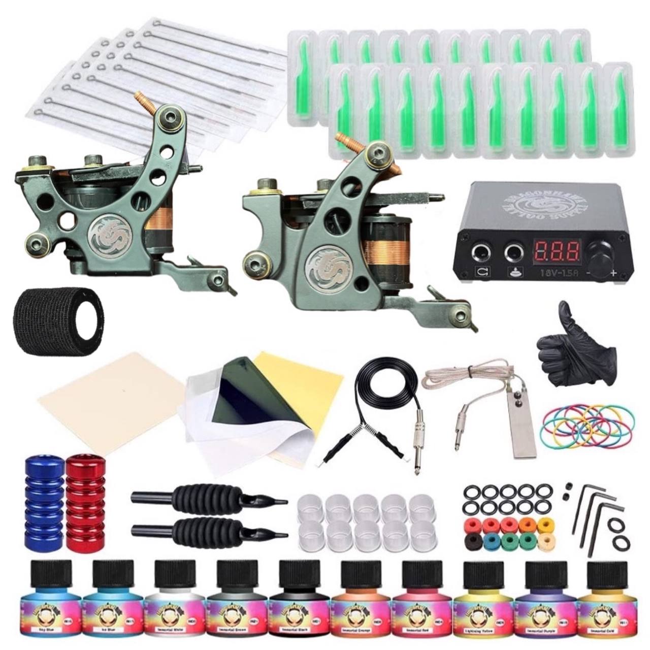 Dragonhawk Complete Gun 10 Color Inks Power Supply Tattoo Kit 2 Machine