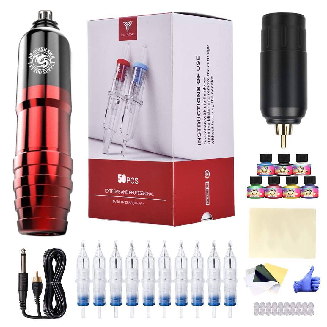 Dragonhawk Complete Tattoo Pen Kit - Battery Power Supply 50Pcs Cartridges