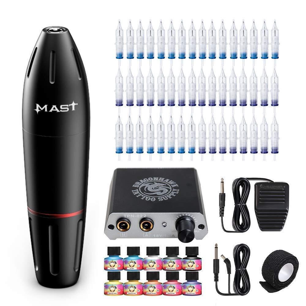 Dragonhawk Tattoo Kit Mast Rotary Tattoo Pen Inks Needles Power Supply Pedal Open Box