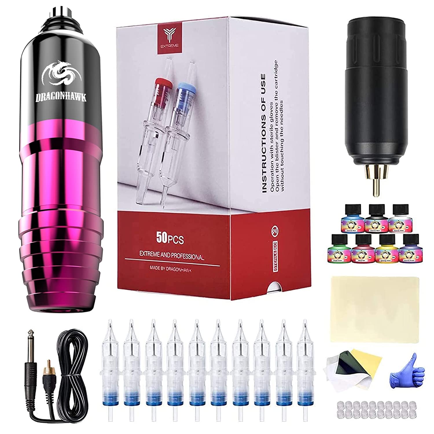 Dragonhawk Wireless Pen Tattoo Machine Kit 50Pcs Cartridges Needles Power Supply