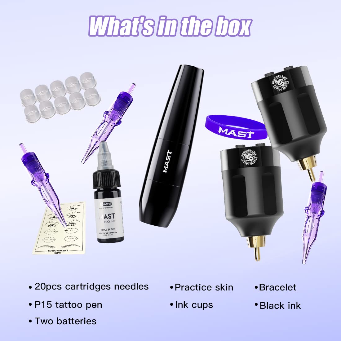 Mast P15 Tattoo Pen Kit Wireless Tattoo Pen Machine Gun Kits with Two Batteries 20Pcs Mixed Open Box