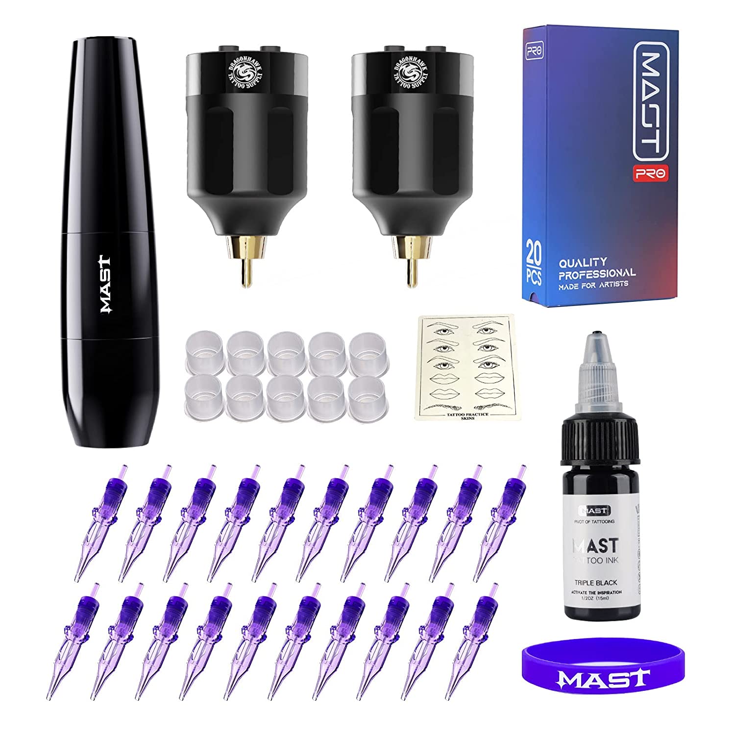 Mast P15 Tattoo Pen Kit Wireless Tattoo Pen Machine Gun Kits with Two Batteries 20Pcs Mixed