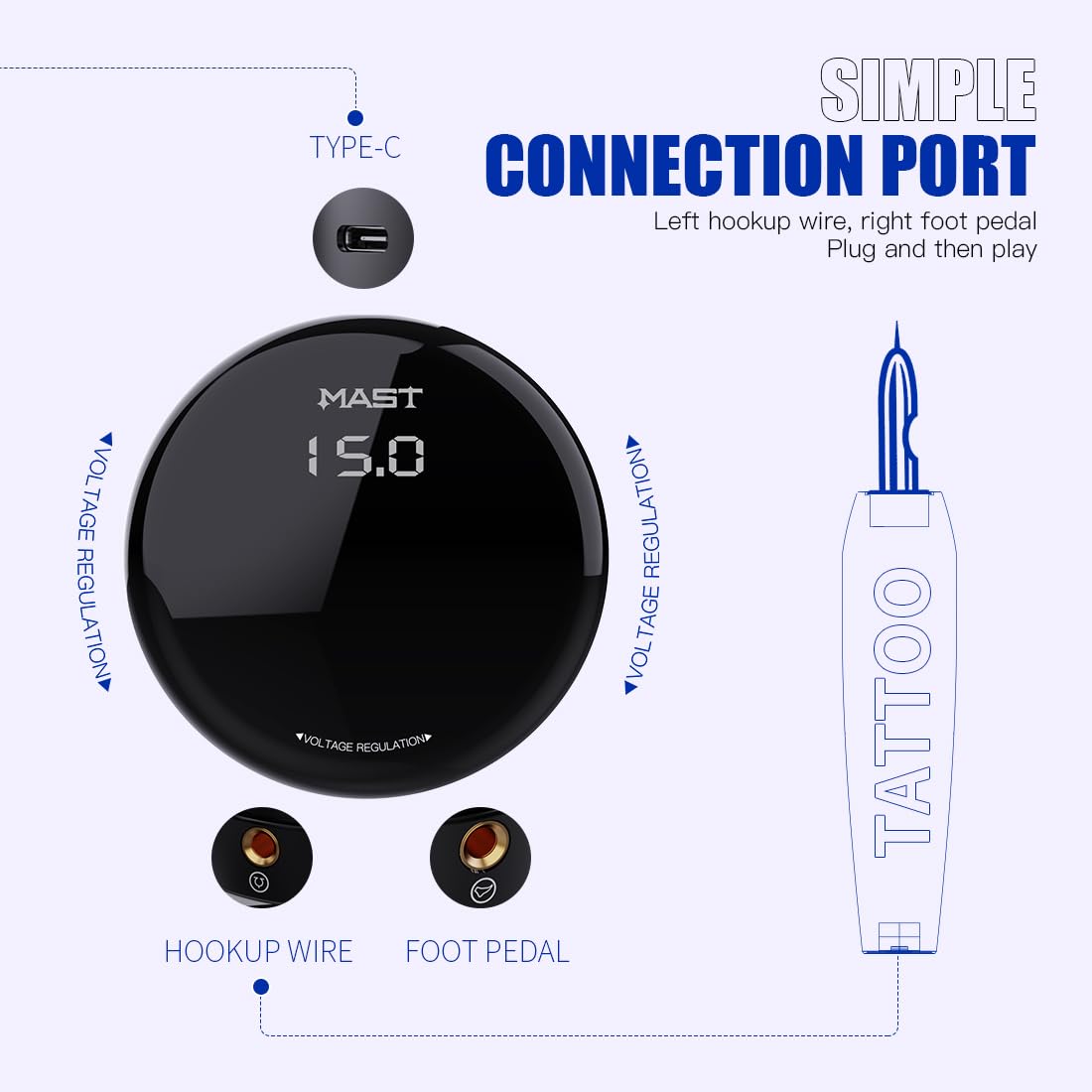 Mast Tattoo Power Supply, Halo2 Circle Digital Display Voltage One Touch Easy Open Box