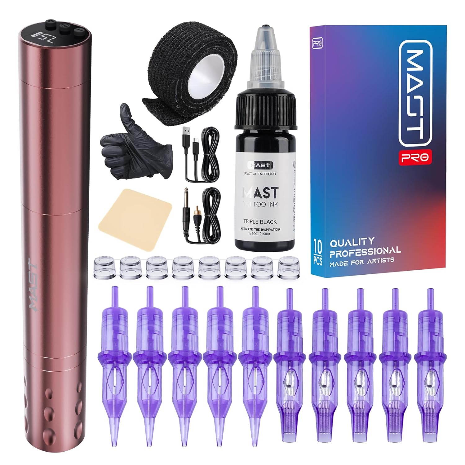 Mast Tattoo Gun Kit Tour Fly Slim Wireless Tattoo Pen Machine 20 Count Cartridge Open Box