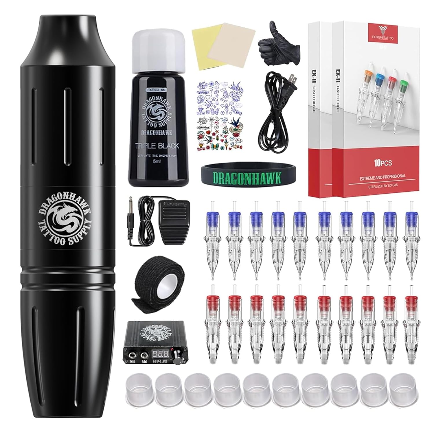 DRAGONHAWK Complete Tattoo Pen Kit Rotary Atom M1 20Pcs Cartridges Foot Pedal