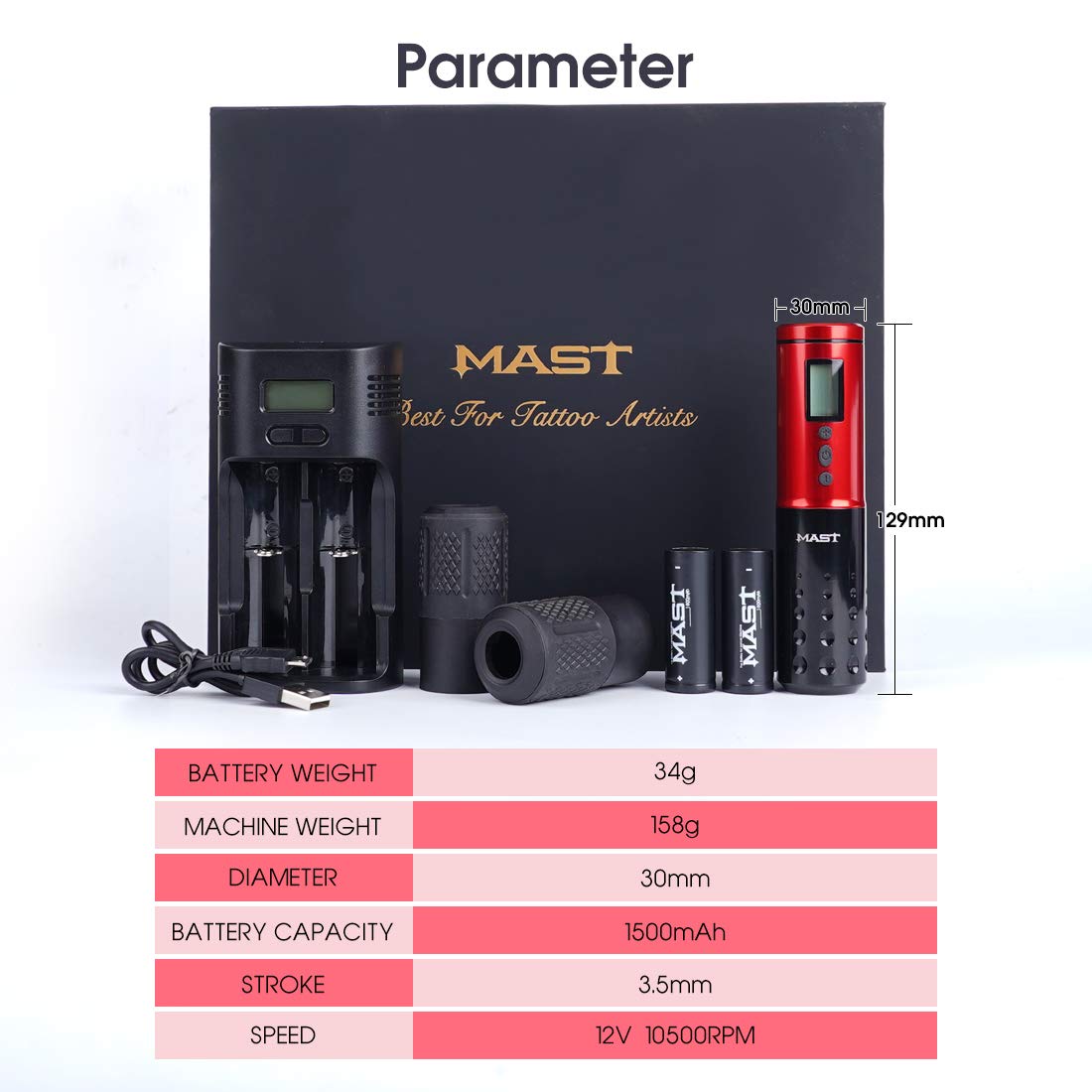 Mast Lancer Wireless Rotary Tattoo Pen Machine 2Pcs Batteries LED Display