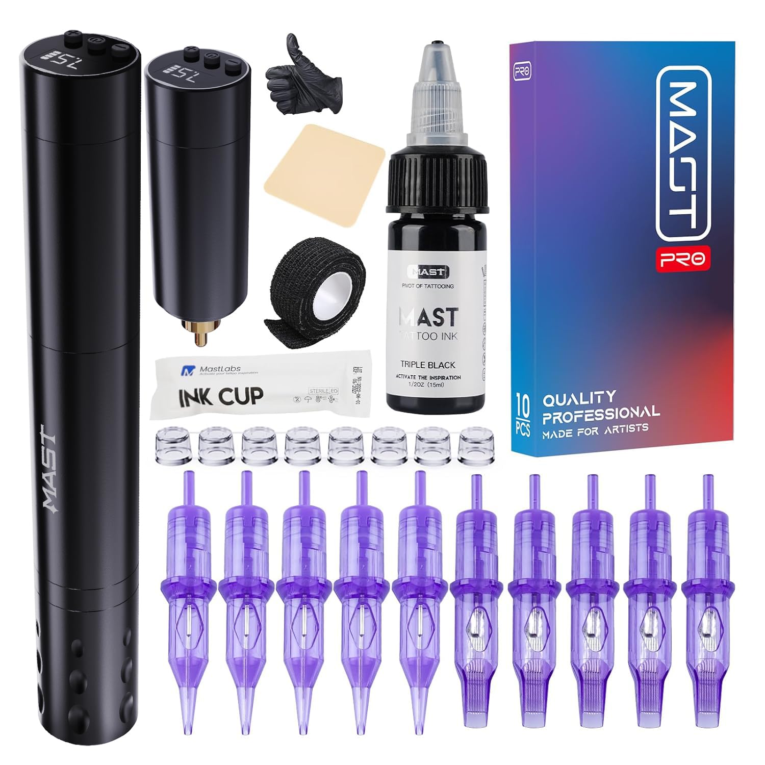 Mast Tattoo Gun Kit Tour Fly Wireless Rotary Pen Machine Count Pro Cartridges Open Box
