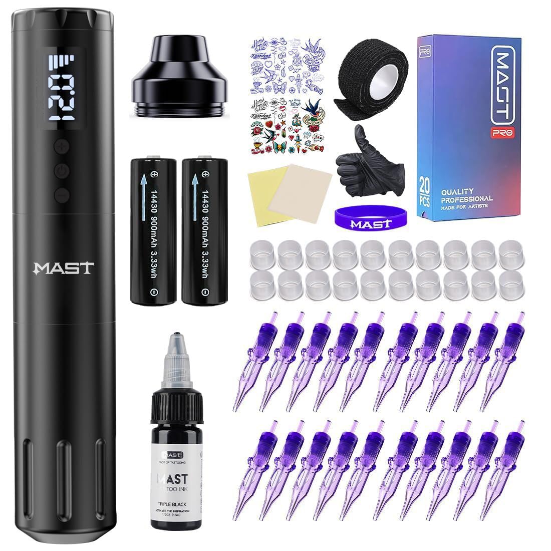 Tattoo Gun Wireless Kit Mast A1Complete Kit 20Pcs Needles Ink 2 Batteries Power Supply for Beginners