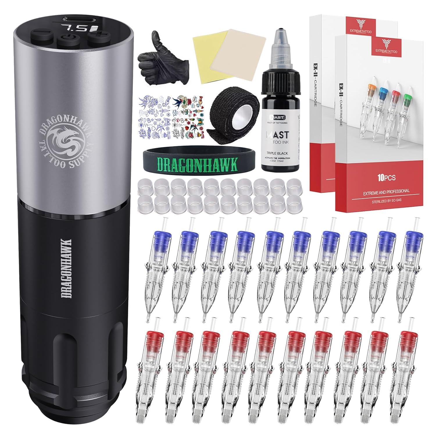 Dragonhawk Beginner Tattoo Kit, Wireless Complete Pro Tattoo Gun, Cartridges