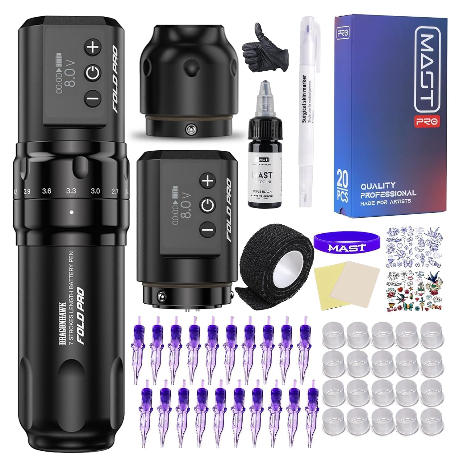 Mast Tattoo Wireless Tattoo Kit Fold Pro Tattoo Pen Machine Gun with 2 Batteries