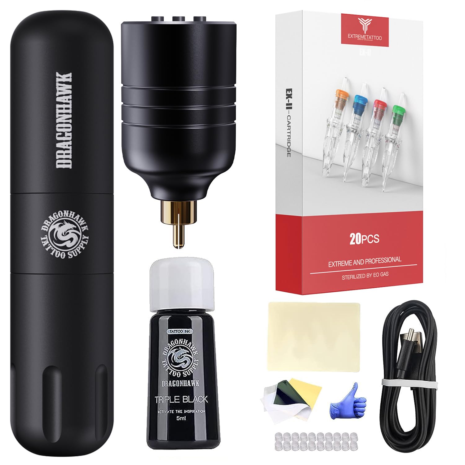 DRAGONHAWK Tattoo Machine Beginner Complete Kit Rotary Pen 20Pcs Cartridges