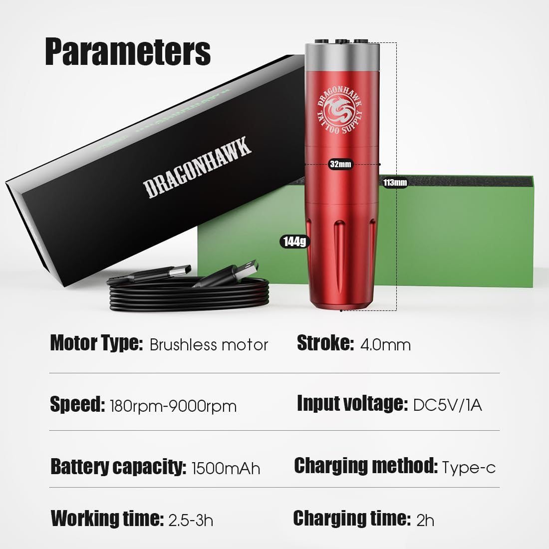 Dragonhawk X8 Wireless Tattoo Pen Machine Gun, 180-9000 Rpm Speed Control Pen