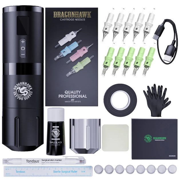 Dragonhawk Wireless Tattoo Kit Rotary Pen Machine Cartridges Needles Black Ink Used