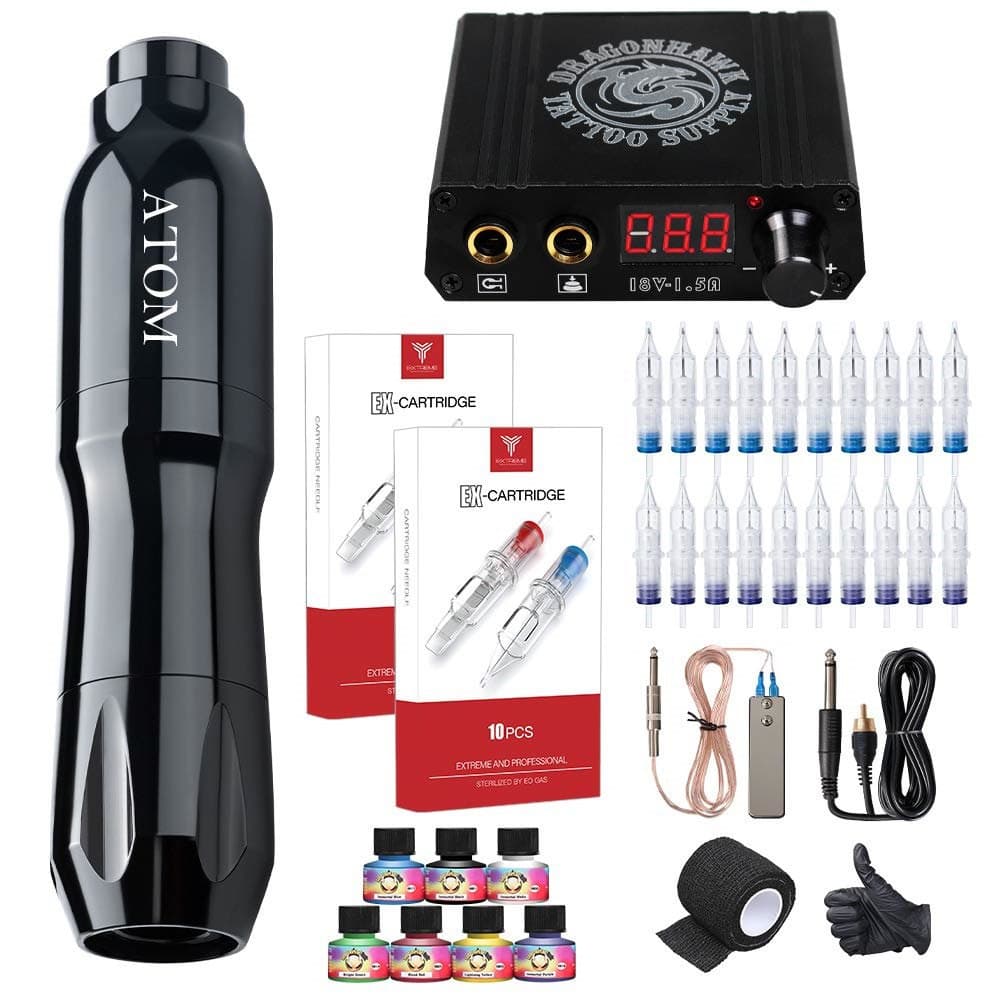 Dragonhawk Atom J2 Tattoo Machine Kit Needles Airfoil Power Supply