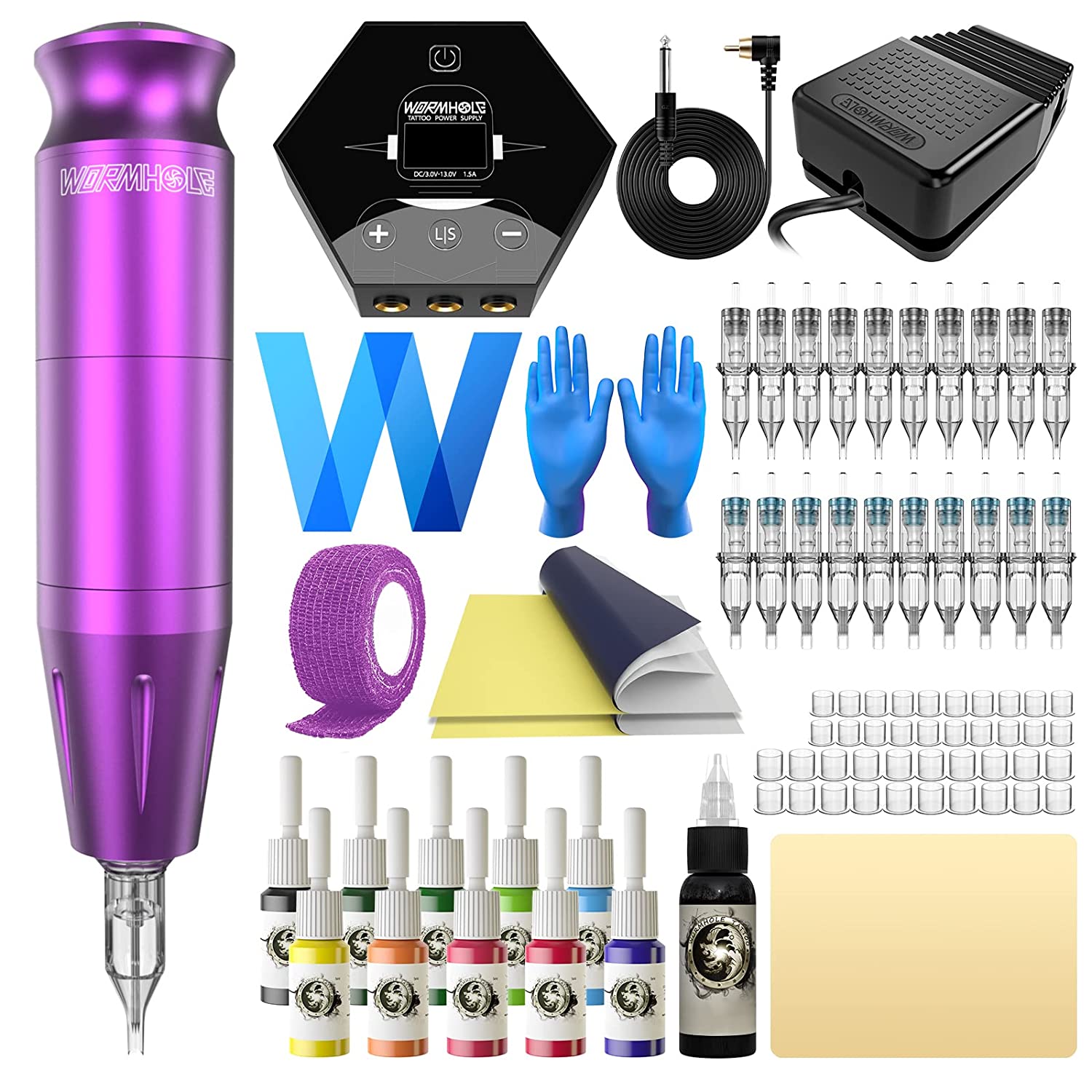 Wormhole Tattoo Kit Power Supply 20 Cartridge Needles 10 Tattoo Ink 40 Caps Used