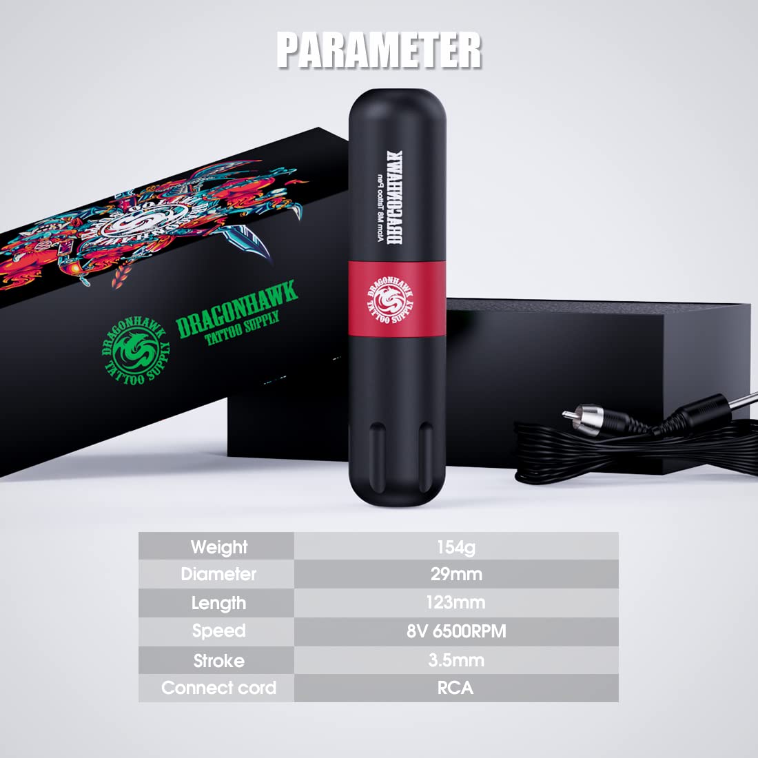 Dragonhawk Tattoo Pen Kit Wireless Battery Power Supply 50Pcs Tattoo Cartridges