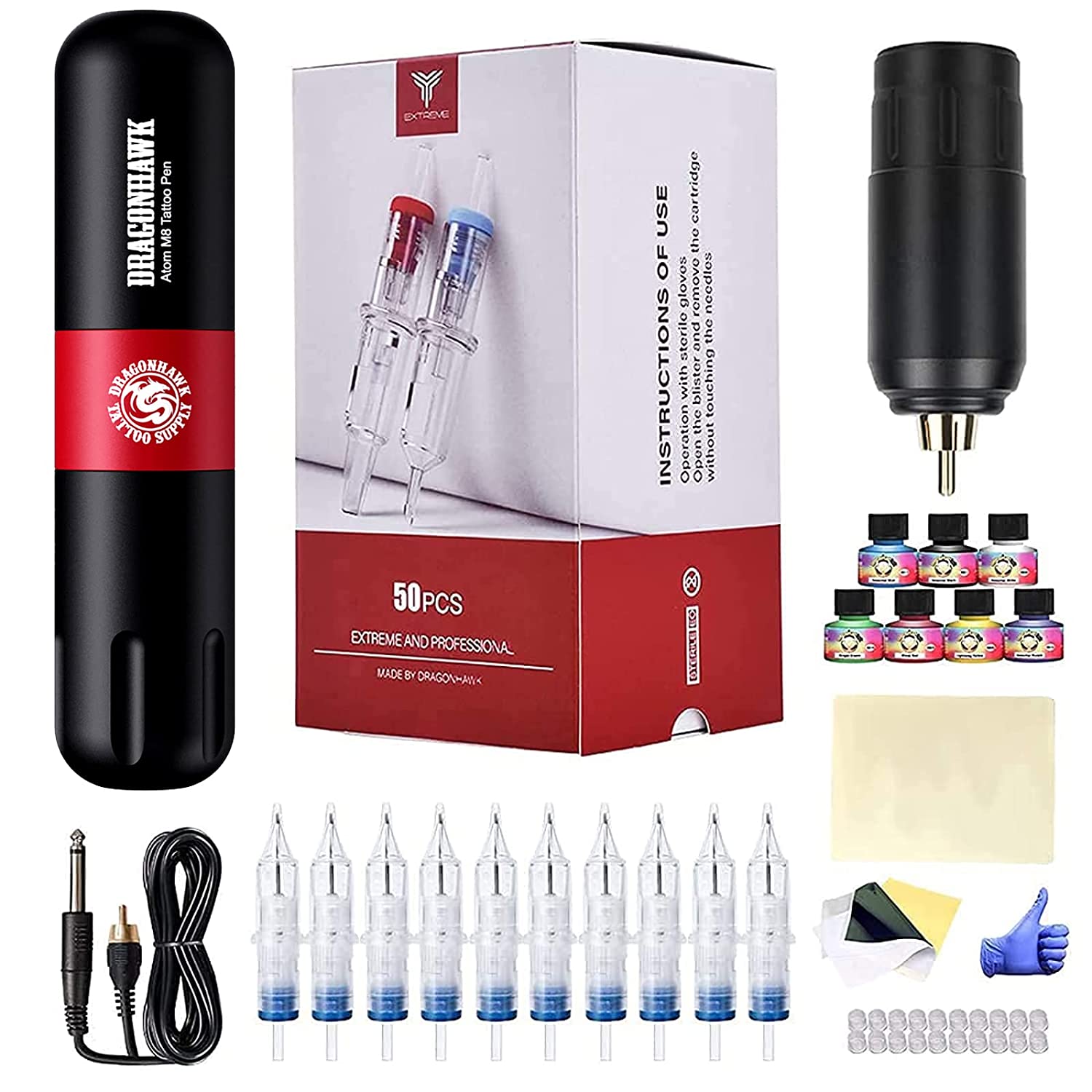 Dragonhawk Tattoo Pen Kit Wireless Battery Power Supply 50Pcs Tattoo Cartridges