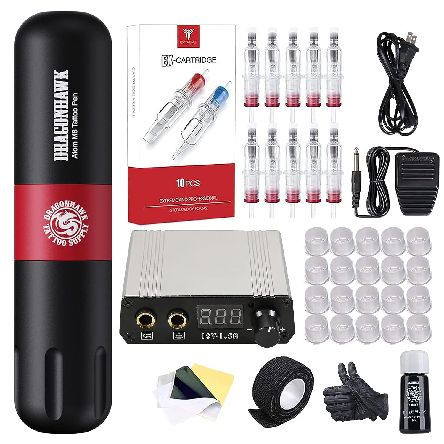 Dragonhawk S2 Tattoo Kit, Rotary Tattoo Pen Machine Tattoo Cartridges Needles