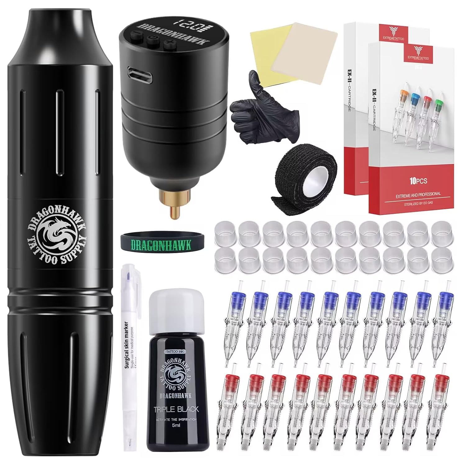 Dragonhawk Mast Pen Rotary Tattoo Machine Power Supply 20Pcs Wjx Cartridges Needles Foot Pedal with Big Case 1013-10