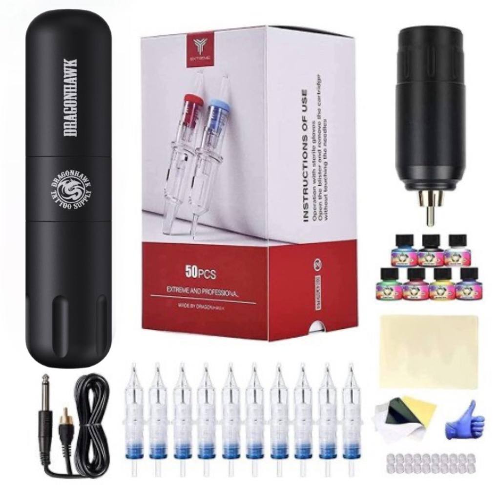 Dragonhawk Tattoo Pen Kit Wireless Battery Power Supply 50Pcs Tattoo Cartridges