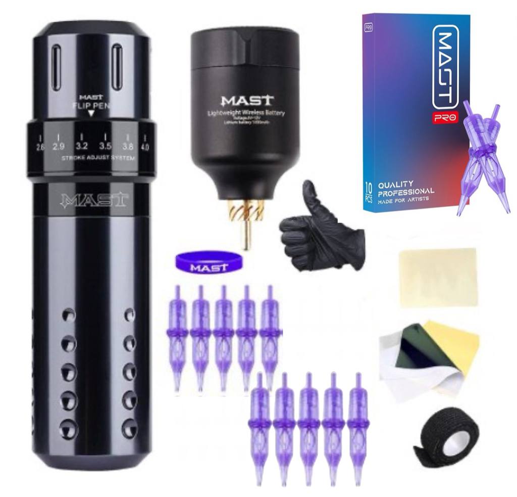 Mast Flip Rotary Tattoo Pen Machine Kit Wireless Power Battery Supply Needles
