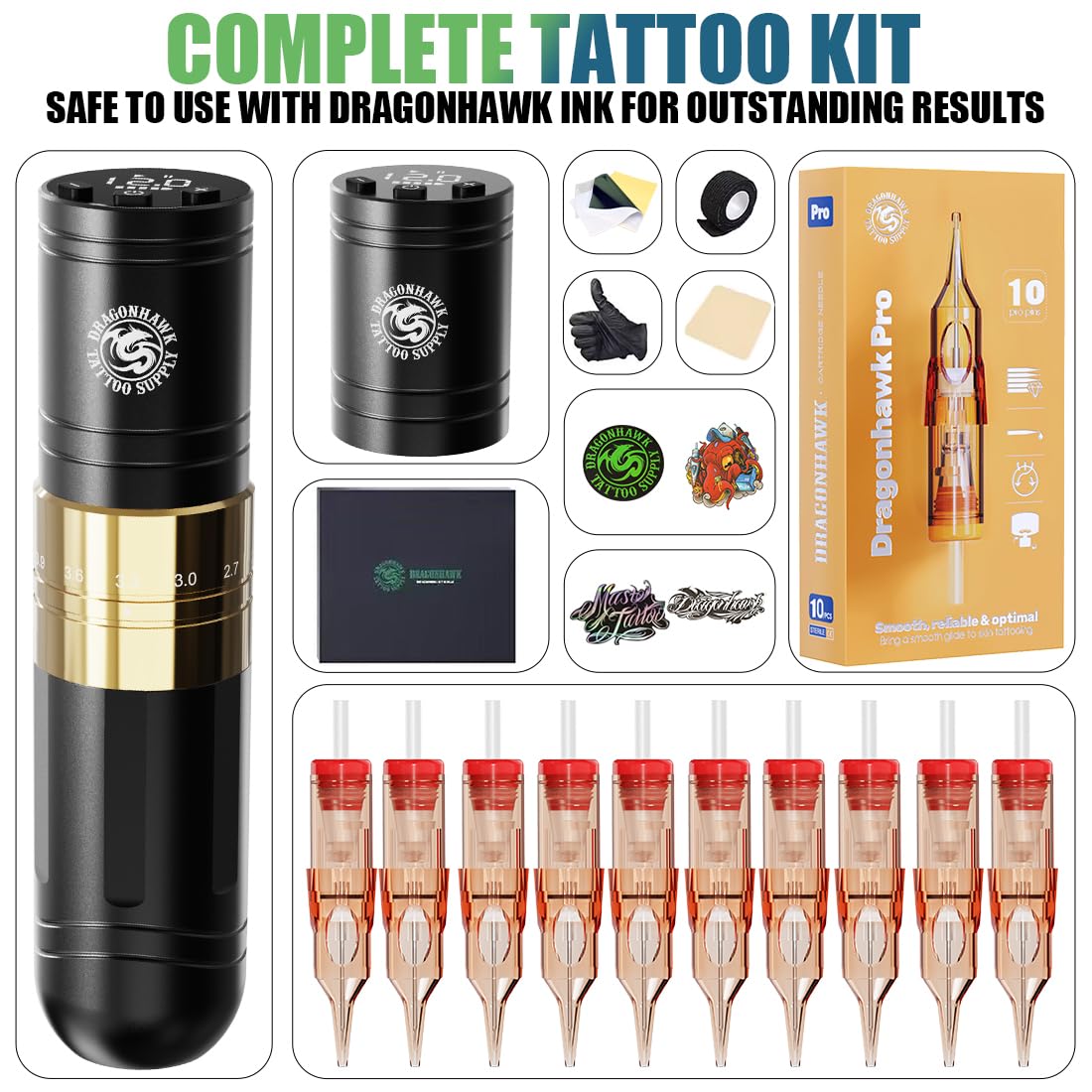 Dragonhawk A2 Tattoo Gun Kit Wireless Pen Machine Complete Supplies 2 Batteries Open Box